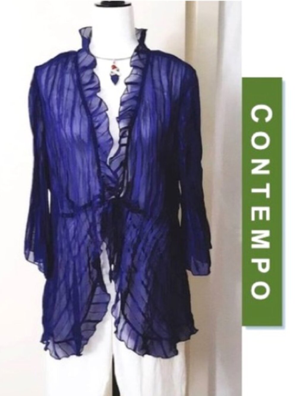 CONTEMPO Sheer Tunic Top Purple Blue Ruffled Front+Back Tie Bell Sleeve Stretchy